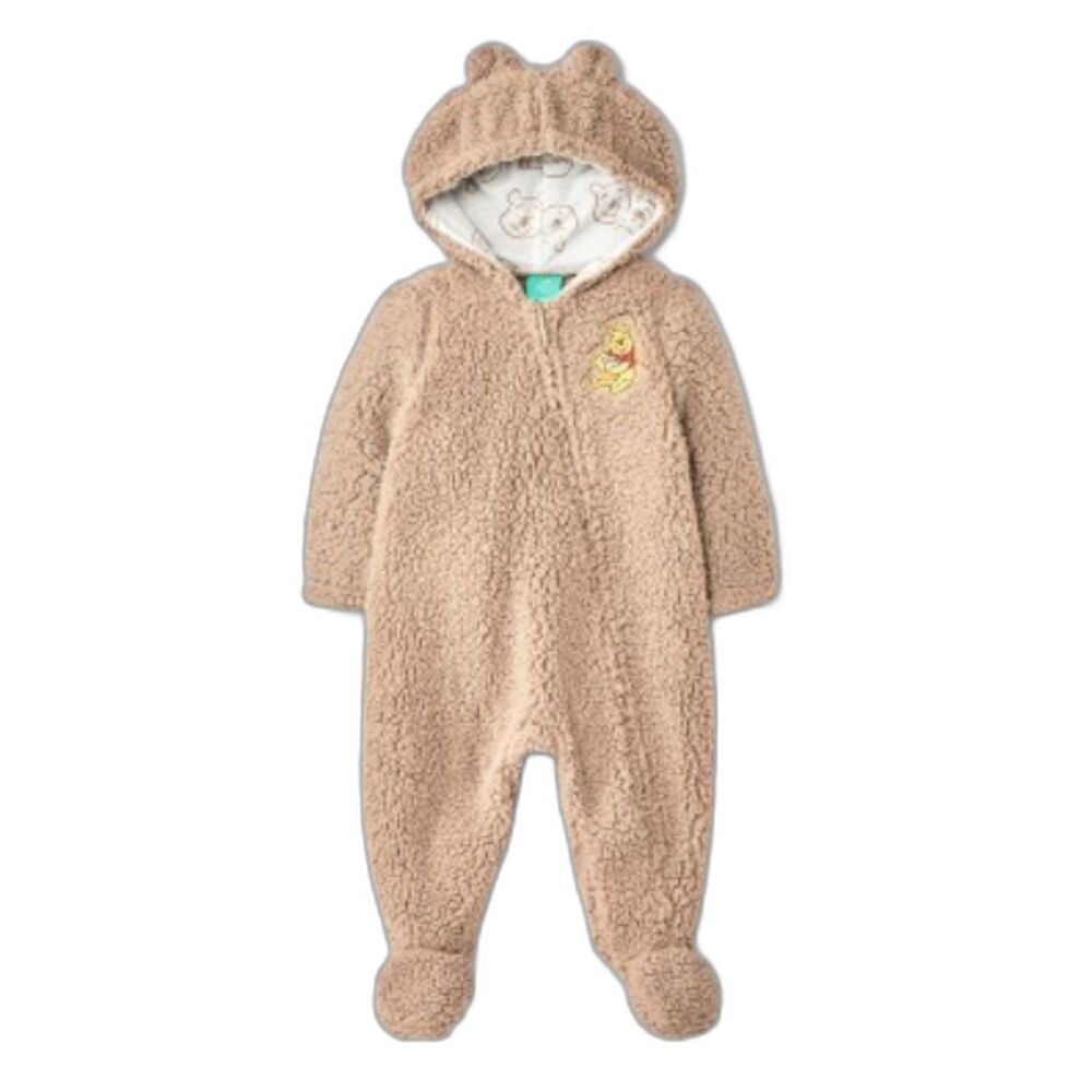 NWT Disney Baby Winnie the Pooh Sherpa Hooded Coverall 6-9M Bear Ears Beige